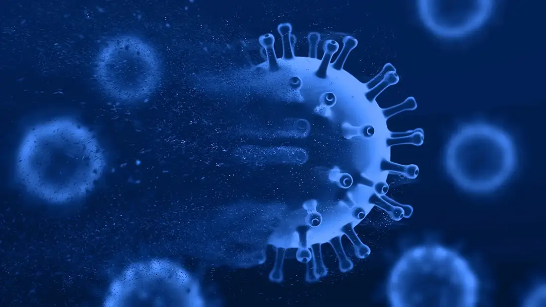 Virusbakgrund med glödande blå viruspartiklar